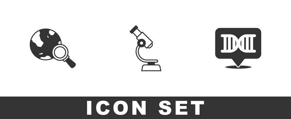 Set Magnifying glass with globe, Microscope and DNA symbol icon. Vector Illustrazione stock