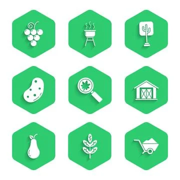 Set Magnifying glass with leaf, Leaf or leaves, Wheelbarrow dirt, Farm hous.. 库存插图