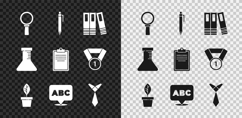 Set Magnifying glass, Pen, Office folders, Plant pot, Alphabet, Tie, Test tube Stock Illustration