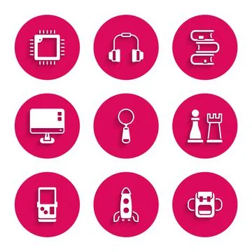 Set Magnifying glass, Rocket ship, School backpack, Chess, Tetris, Computer 스톡 일러스트