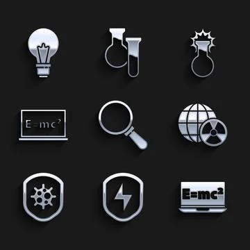 Set Magnifying glass, Secure shield with lightning, Equation solution, Plan.. 스톡 일러스트