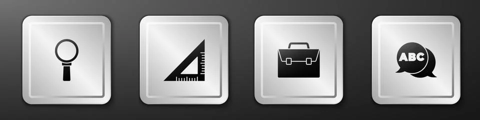 Set Magnifying glass, Triangular ruler, Briefcase and Alphabet icon. Silver Stock Illustration