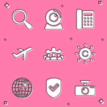 Set Magnifying glass, Web camera, Telephone, Plane, Project team base and C.. Stock Illustration