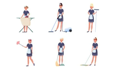 Set of maid posing in different actions. Vector illustration in flat cartoon Stock Illustration
