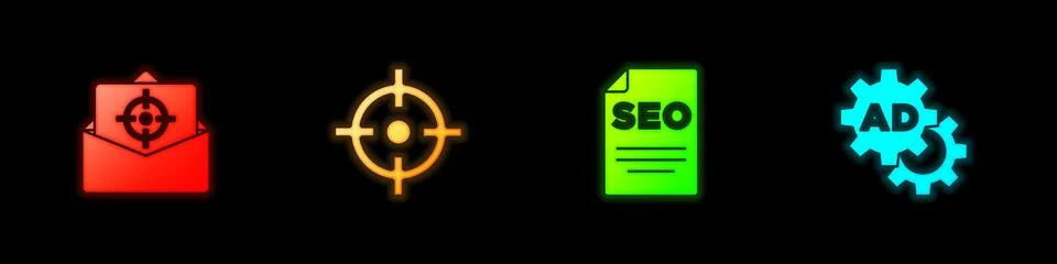 Set Mail and e-mail, Target sport, SEO optimization and Advertising icon. Vector Stock Illustration