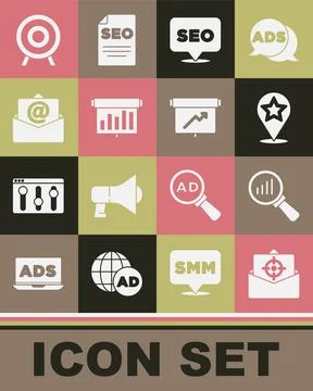 Set Mail and e-mail, Magnifying glass analysis, Map pointer with star, SEO Stock Illustration