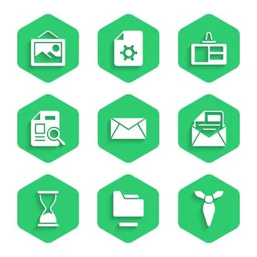 Set Mail and e-mail, Document folder, Tie, Old hourglass, with graph chart Stock Illustration