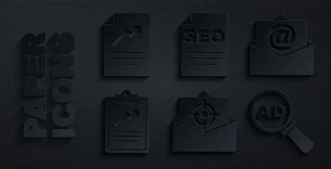 Set Mail and e-mail, Clipboard with graph chart, Advertising, SEO optimization Stock Illustration