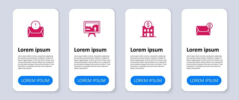 Set Mail and e-mail, Bank building, Monitor with graph chart and Envelope Ilustración de archivo