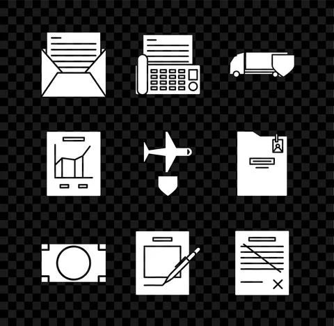 Set Mail and e-mail, Fax machine, Delivery cargo truck with shield, Stacks paper Illustrazione stock