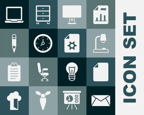 Set Mail and e-mail, File document, Table lamp, Computer monitor, Clock, Pencil Stock Illustration