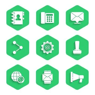 Set Mail and e-mail, Mobile envelope, Megaphone, Stamp, Earth globe with, Share Stock Illustration