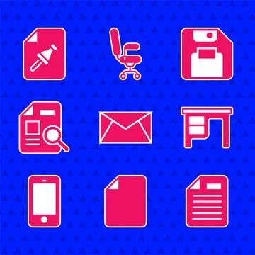 Set Mail and e-mail, File document, Office desk, Mobile phone, Document with 库存插图