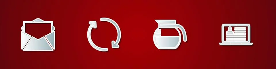 Set Mail and e-mail, Refresh, Coffee pot and Laptop with resume icon. Vector イラスト素材