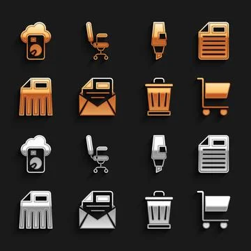 Set Mail and e-mail, File document, Shopping cart, Trash can, Paper shredder Illustrazione stock