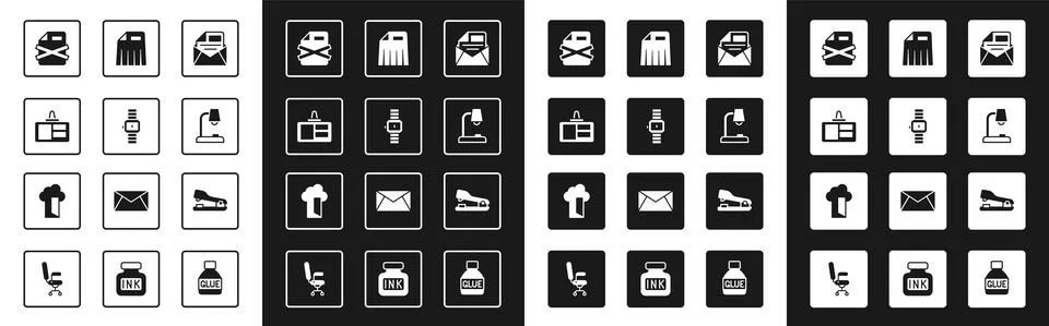 Set Mail and e-mail, Wrist watch, Identification badge, Delete file document Stock Illustration