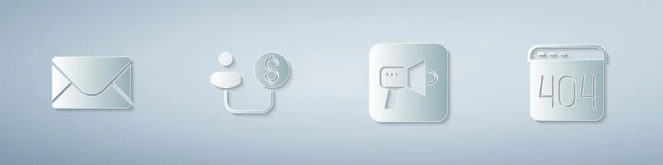 Set Mail and e-mail, Human money, Megaphone and Page with 404 error. Paper art Stock Illustration