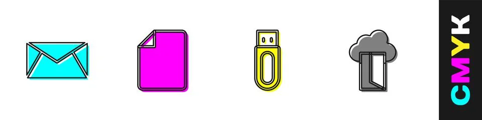 Set Mail and e-mail, File document, USB flash drive and Cloud database icon Stock Illustration