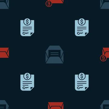 Set Mail and e-mail, Envelope and Contract money on seamless pattern. Vector 스톡 일러스트