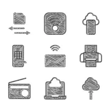 Set Mail and e-mail, Network cloud connection, Cloud upload, Smart printer Stock Illustration