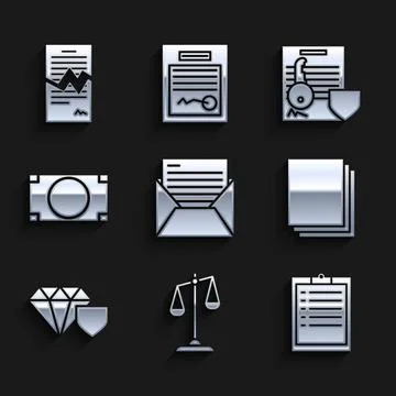 Set Mail and e-mail, Scales of justice, Clipboard with checklist, Clean paper イラスト素材