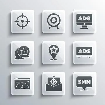 Set Mail and e-mail, Social media marketing, Advertising, Map pointer with star Stock Illustration