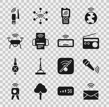 Set Mail and e-mail, Wireless microphone, Radio, Walkie talkie, Smart printer Stockillustratie