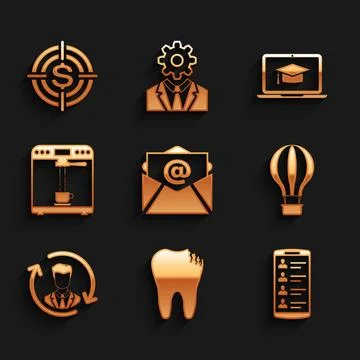 Set Mail and e-mail, Broken tooth, Smartphone with contacts, Hot air balloon Ilustración de archivo