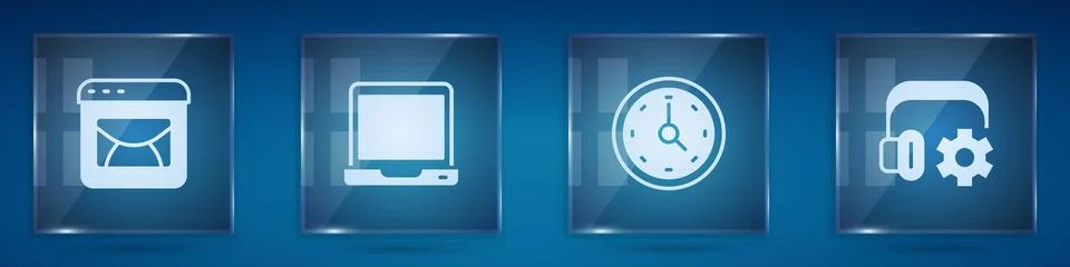 Set Mail and e-mail, Laptop, Clock and Headphoneswith settings. Square glass Illustrazione stock