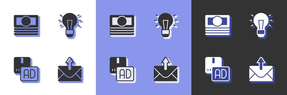 Set Mail and e-mail, Stacks paper money cash, Advertising and Light bulb icon 스톡 일러스트