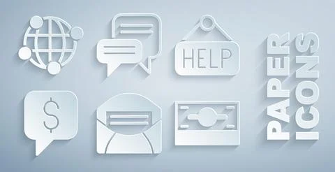 Set Mail and e-mail, Signboard with text Help, Paid support, Stacks paper money 스톡 일러스트
