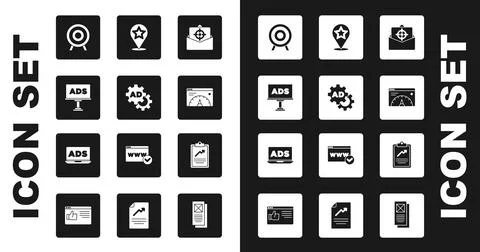 Set Mail and e-mail, Advertising, Target sport, Website statistic, Map pointer Stock Illustration