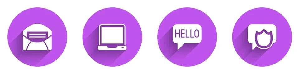 Set Mail and e-mail, Laptop, Hello in different languages and Speech bubble.. Illustrazione stock