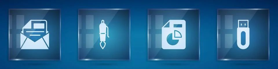 Set Mail and e-mail, Fountain pen nib, Document with graph chart and USB fl.. Illustrazione stock