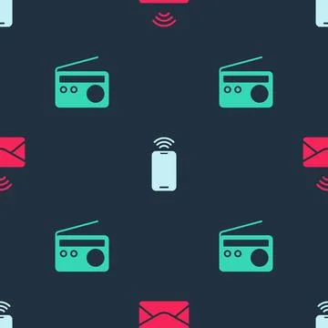 Set Mail and e-mail, Mobile with wi-fi wireless and Radio on seamless patte.. Stock Illustration