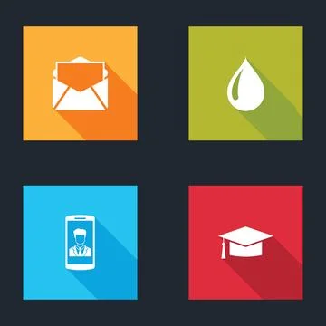 Set Mail and e-mail, Water drop, Smartphone with contact and Graduation cap i Stock Illustration