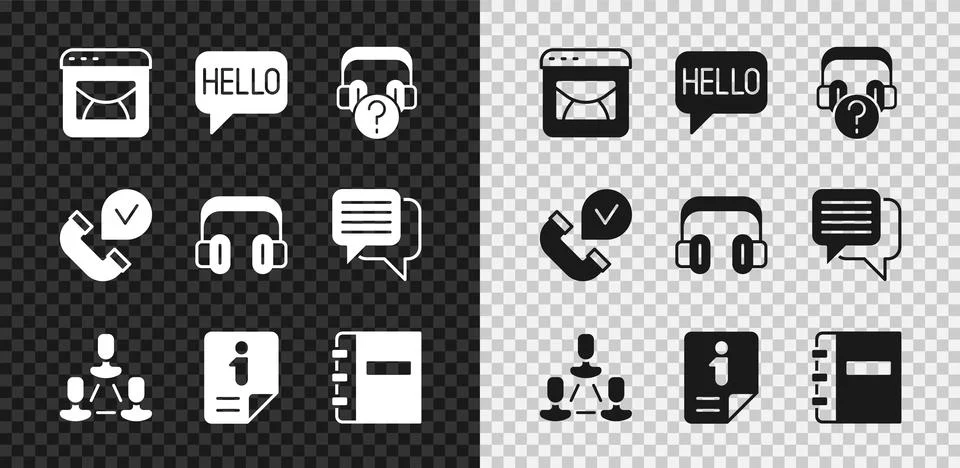 Set Mail and e-mail, Hello in different languages, Headphones with question.. Stock Illustration
