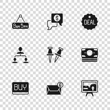 Set Mail and e-mail, Stacks paper money cash, Monitor with graph chart, Pus.. Illustrazione stock