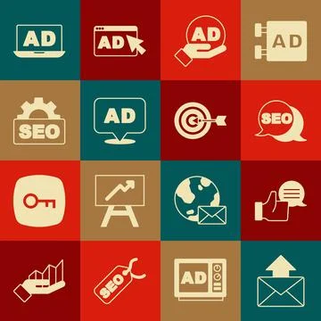 Set Mail and e-mail, Customer product rating, SEO optimization, Advertising.. Stock Illustration