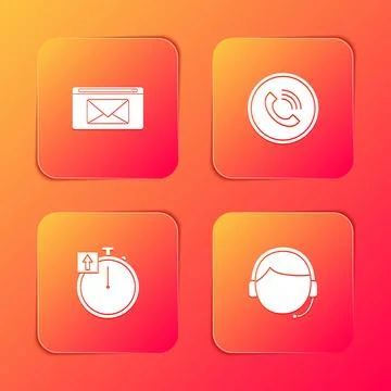 Set Mail and e-mail, Phone call, Stopwatch and Man with headset icon. Vector Stock-Illustration