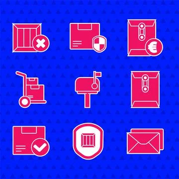 Set Mail box, Delivery security with shield, Envelope, Package check mark, Hand Illustrazione stock