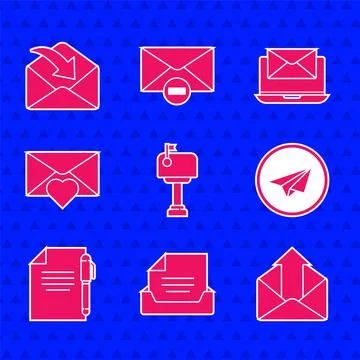 Set Mail box, Drawer with document, Outgoing mail, Paper plane, Document and pen Illustrazione stock