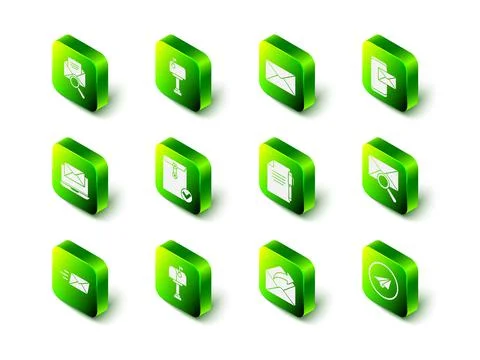 Set Mail box, Envelope, Mobile and envelope, with magnifying glass, Paper plane Illustrazione stock