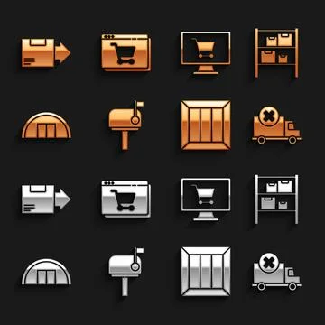 Set Mail box, Warehouse, Delivery cargo truck vehicle, Wooden, Shopping cart on Illustration