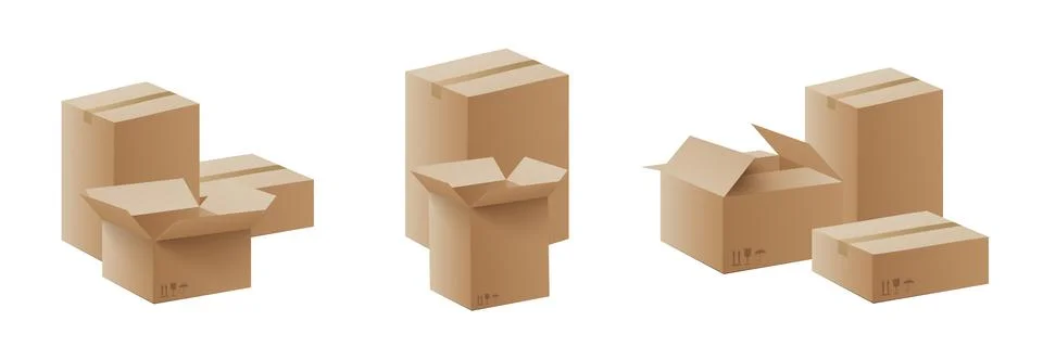 Set of mail cardboard boxes bunch, realistic vector mockup illustration isola Stock Illustration
