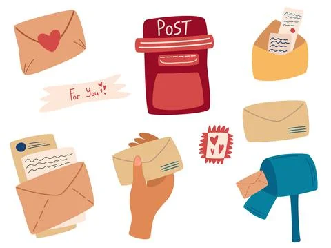 Set of mail envelopes. Collection of various craft paper letters, postcards,  Stock Illustration