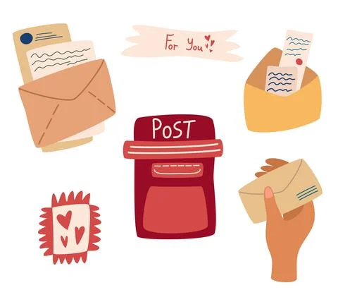 Set of mail items. Postal service. Letter Box, postal envelopes and letters s Stock Illustration