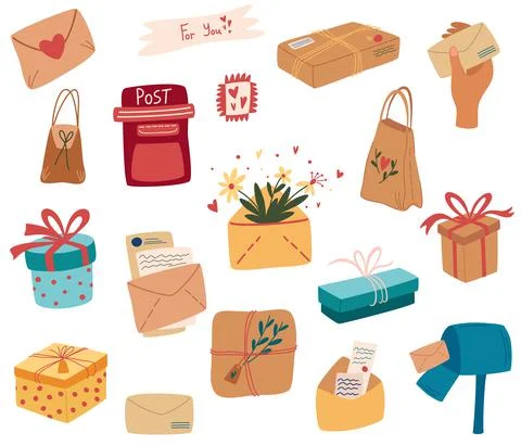 Set of mail items. Set of postal parcels, packs, boxes, letters, envelopes. C Stock Illustration