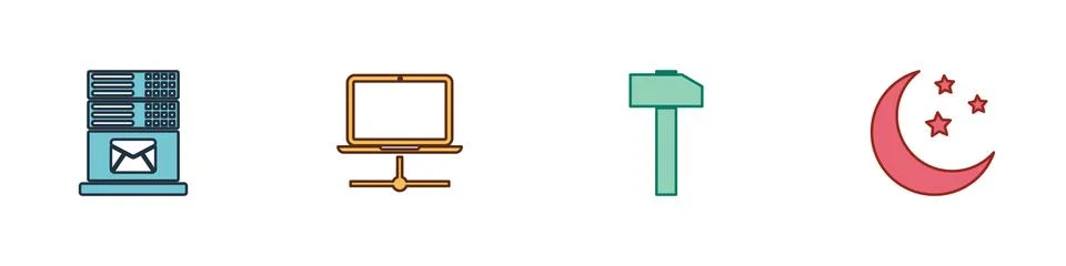 Set Mail server, Computer network, Hammer and Moon and stars icon. Vector Stock-Illustration