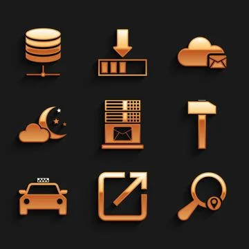 Set Mail server, Open in new window, Search location, Hammer, Taxi car and Cloud Illustrazione stock